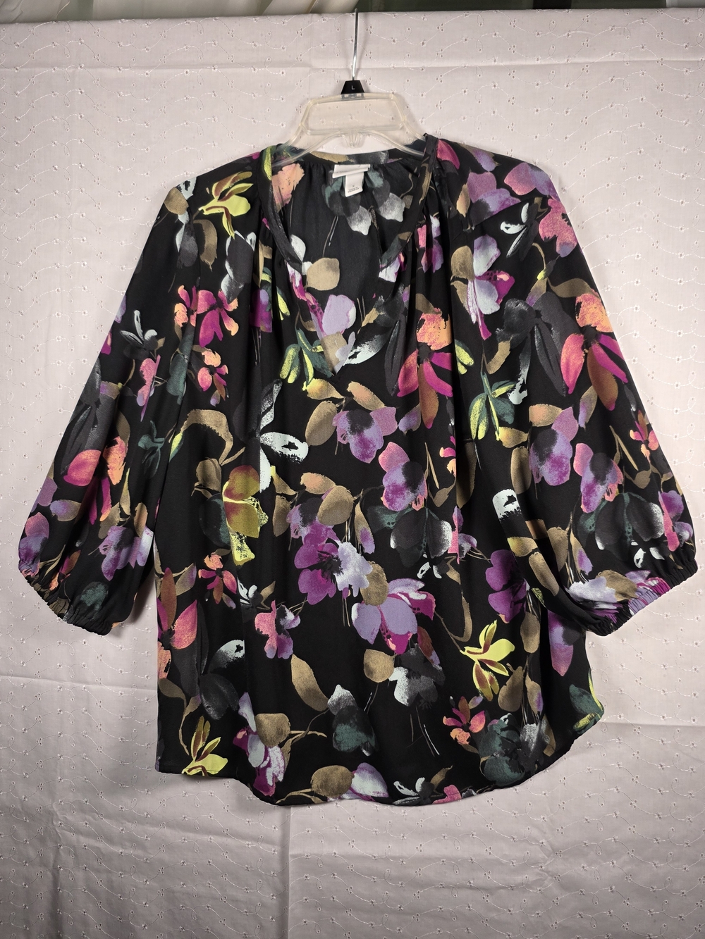 Ava & Viv Black Floral V-Neck Blouse with Pink, Purple & Gold Accents